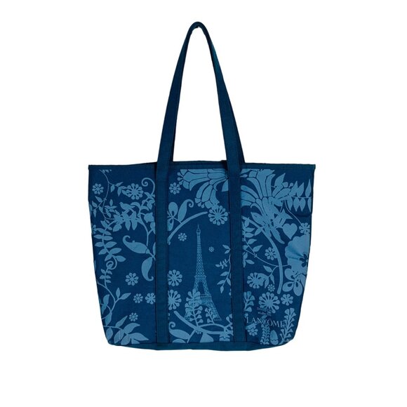 Lancome Blue Floral Canvas Tote Bag Eiffel Tower Print Paris Market Reusable - Picture 1 of 12